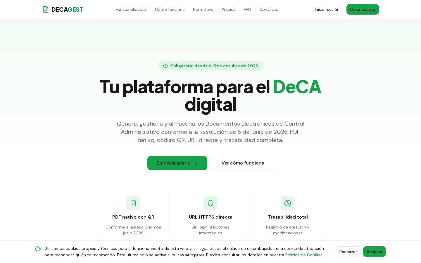 Captura del landing de DecaGest en producción